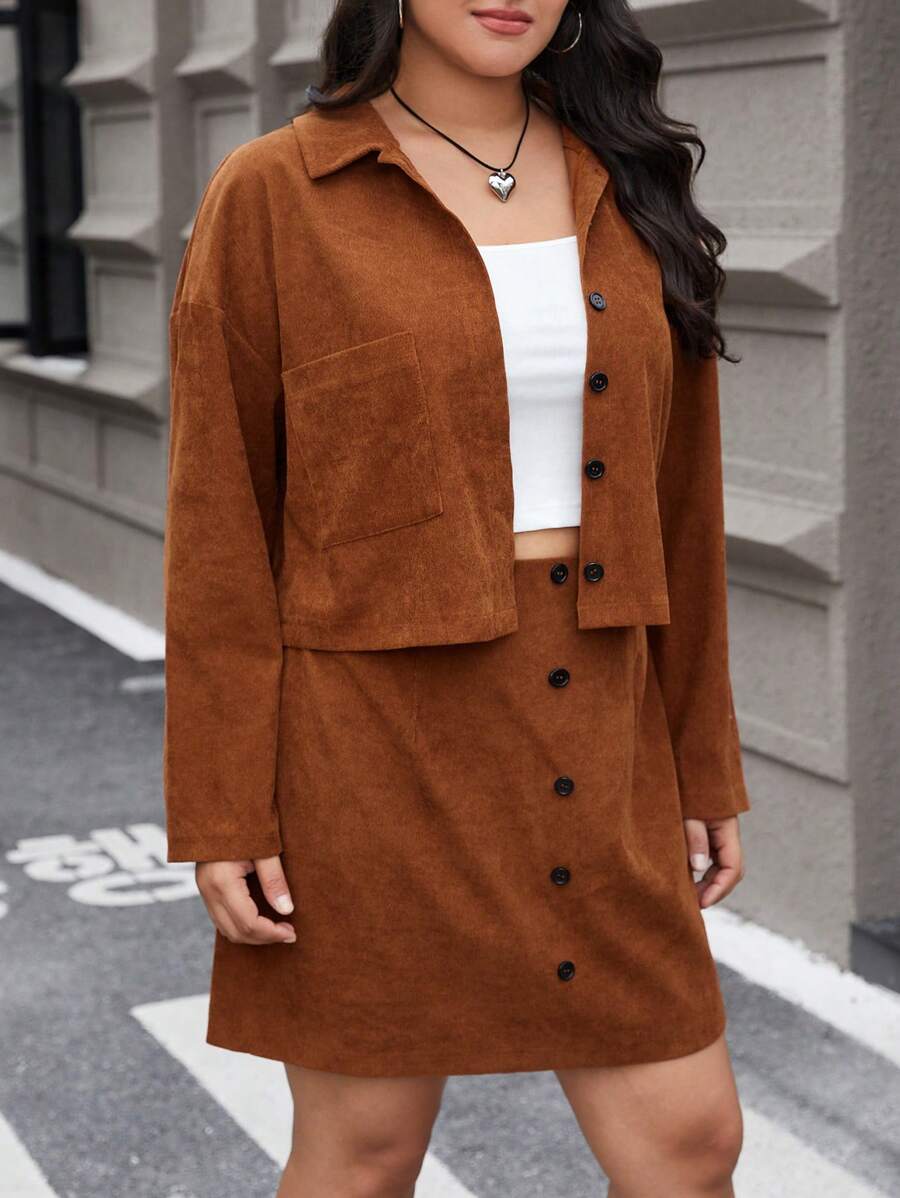 Flirla Conjunto De Chaqueta Y Falda De Talla Grande Con Botones Delanteros - Marrón - Ver 1