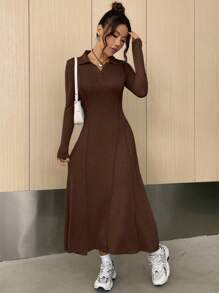 SHEIN EZwear レディース 無地 ハーフボタン フロント ニットワンピース - コーヒー - チェックする 5