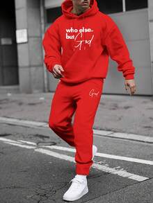 Manfinity Homme Men's Slogan Print Fleece Hoodie And Pants Set - Red - View 1