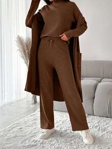SHEIN 3 cái/bộ Quý cô Màu thuần Đồ đan Ribbed Áo len Bộ - màu nâu - Xem 3