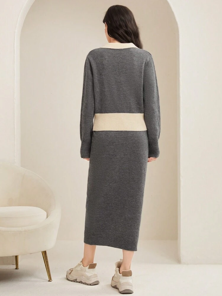 Color Block Knitted Sweater Two Pieces Set 2 Pieces Set Fall Cloth For Women