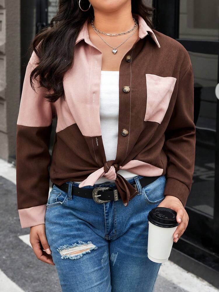 Plus Size Color Block Drop Shoulder Jacket
