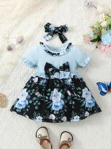 嬰兒女童粉藍色花卉印花泡泡袖短袖洋裝 - 紫羅蘭色 - 查看 1