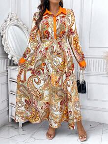 SHEIN Holidaya 女款大尺碼佩斯利印花繫扣腰部收緊連身裙 - 黃色 - 查看 3