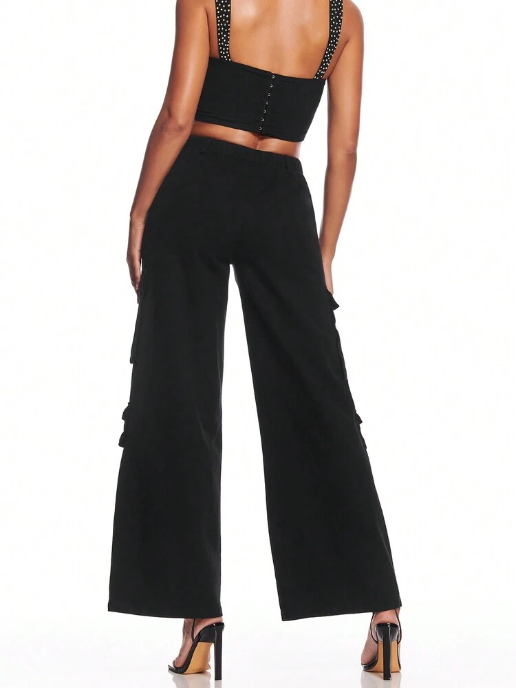 Women'S Elastic Waistband Multi-Dimensional Pocket Wide-Leg Cargo Trousers