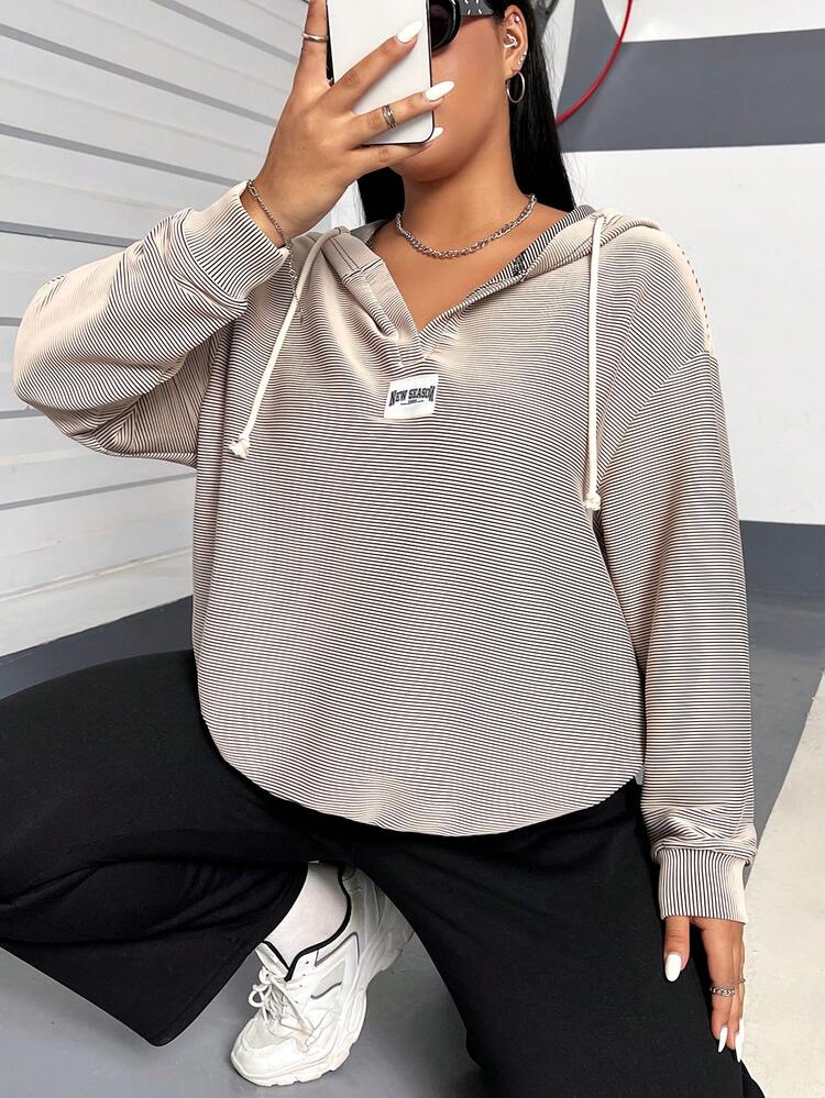 Women's Plus Size Striped Patched Drawstring Sweatshirt Pullover Fall Sweatshirt