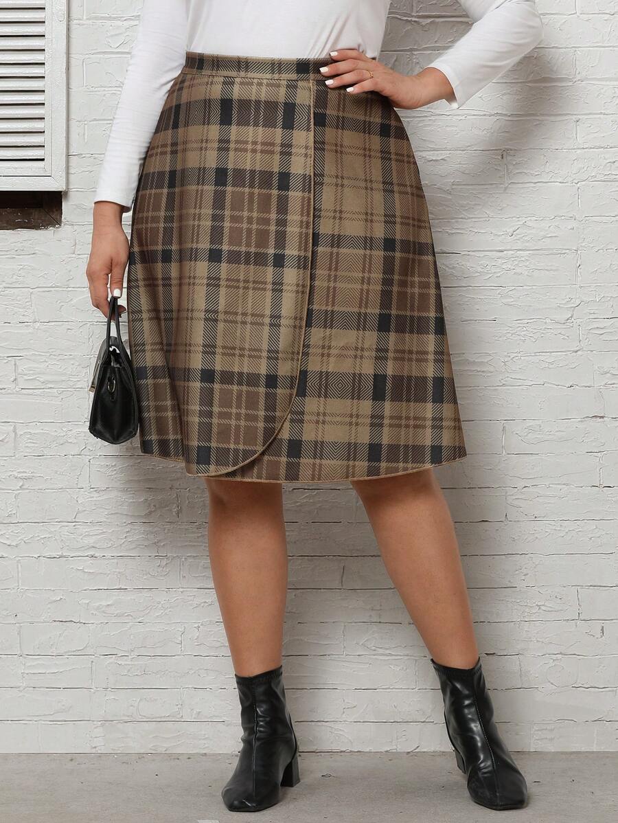 EMERY ROSE Kích thước lớn Kẻ sọc Wrapped Bất đối xứng Váy - Màu nâu  Mocha - Xem 1