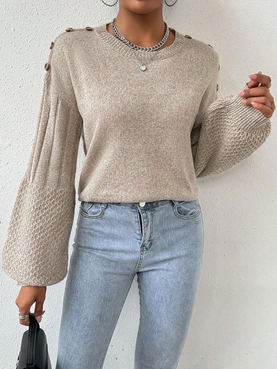 SHEIN LUNE 女士實色釦扣襯衫袖毛衣 - 卡其色 - 查看 1