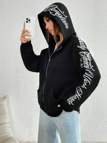 SHEIN Unity 女士帶拉鍊和字母印花連帽衛衣 - 黑色 - 查看 6