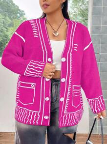 SHEIN Qutie Plus Size Women'S Striped Drop Shoulder Cardigan Sweater - Hot Pink - View 1
