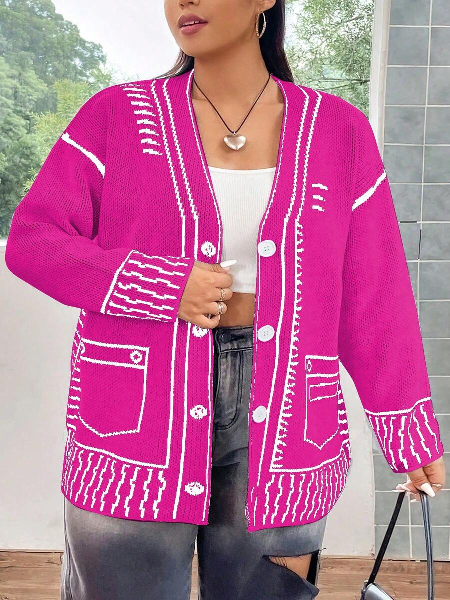 SHEIN Qutie Plus Size Women'S Striped Drop Shoulder Cardigan Sweater - Hot Pink - View 1