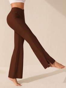 SHEIN Sports Women's Flared Athleisure Pants With Slits - Brown - View 6