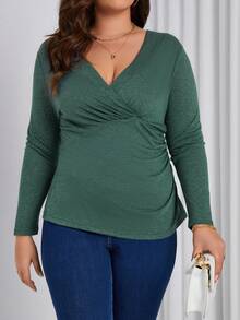 SHEIN Clasi Plus Size Solid Color Pleated T-shirt - Dark Green - View 4