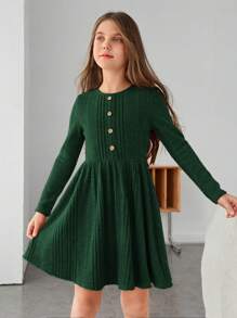 SHEIN Tween Girl Knitted Ribbed Button Detail A-Line Dress
