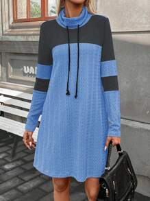 SHEIN LUNE Women's Color Block Ruffle Cowl Neck Long Sleeve Dress - Blue - View 6