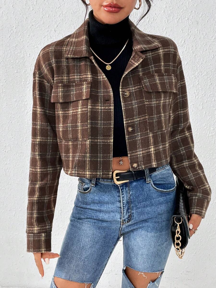 SHEIN Essnce Hoa văn kẻ sọc Ngắn Áo khoác Với túi Chi tiết - Cà phê nâu - Xem 1