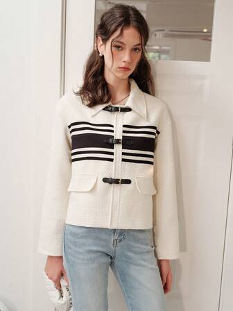 Damen 2023 Frühjahr Neue Gestreifte Patchwork-strickjacke Mit Schnalle