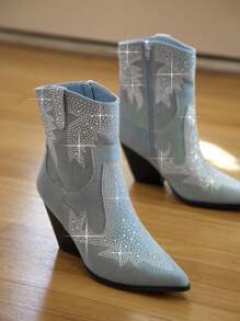 SHUZIA Rhinestone Detail Pointed Toe Stiletto Heel Ankle Boots - Blue - View 2