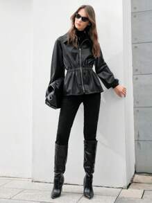 Anewsta Ladies Lapel Waisted Zip Fly Long Sleeve Jacket - Black - View 4