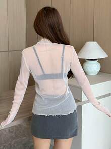 DAZY High Neck Sheer Mesh See-through Long Sleeve Top - Beige - View 2