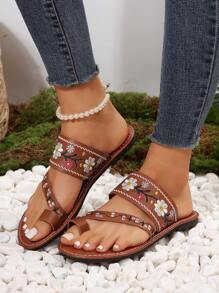 European And American Style Plus Size Embroidered Open Toe Sandals In Deep Brown For Women, Summer Beach Casual Wear - Brown - View 3