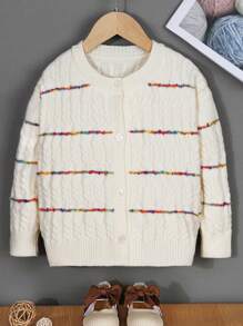 SHEIN Girls' Striped Knitted Cardigan Sweater - White - View 1
