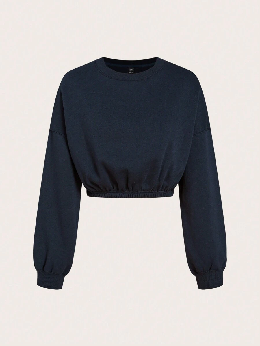 SHEIN BASICS Solid Color Round Neck Short Pullover Sweatshirt - Navy Blue - View 1