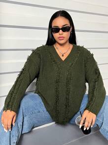 Flirla Plus Size Women'S Loose Fit Drop Shoulder Sweater