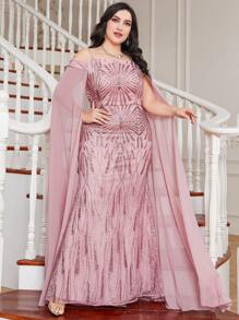 Plus Contrast Mesh Sequin Formal Dress - Pink - View 5