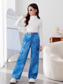 SHEIN 少女运动甜美风牛仔效果编织直筒裤