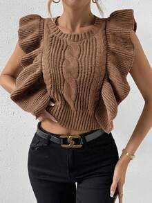 SHEIN Essnce Của phụ nữ Ruffle Áo len vest - màu nâu - Xem 5
