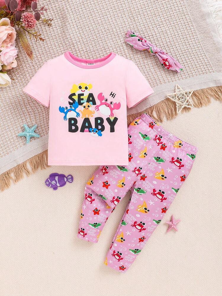 Baby Girls' Casual Cute Cartoon Pattern Short Sleeve T-Shirt, Elastic Waist Pants And Headband 3pcs/Set