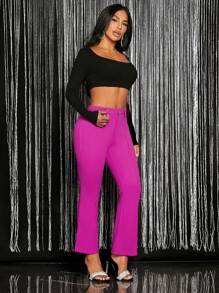 SHEIN SXY 玫瑰粉色鑲有水鑽紐扣裝飾的喇叭褲 - 玫紅色 - 查看 4