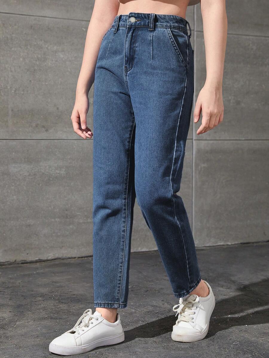 SHEIN 青少年女孩高腰直筒牛仔裤,休闲夏装 - 深色水洗藍 - 查看 1