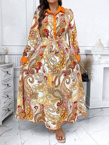 SHEIN Holidaya 女款大尺碼佩斯利印花繫扣腰部收緊連身裙 - 黃色 - 查看 6