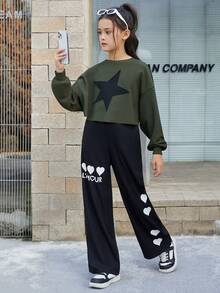 SHEIN Girls' Loose Fit College Style Color Block Star Pattern Sweatshirt For Big Kids - Multicolor - View 2