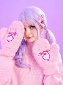 ROMWE X Care Bears 加厚毛絨粉紅色連指手套(大拇指分開) - 粉色 - 查看 4