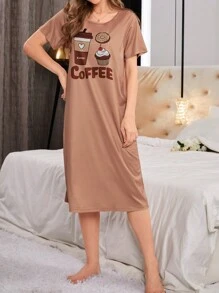 Vestido de pijama con estampado de café y bocadillo de dibujos animados para mujer