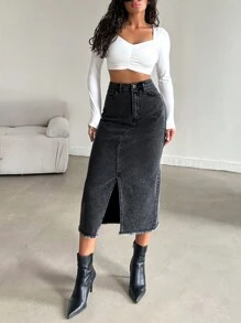 EURMUSE High Waist Split Thigh Denim Skirt - Black - View 3