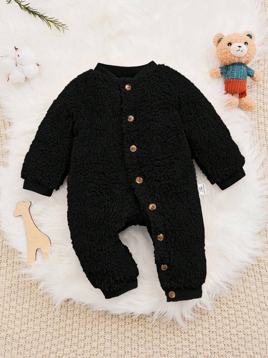SHEIN Bộ đồ liền thân ấm áp và thoải mái cho bé trai với cổ tròn bằng vải nhung và tay dài - màu đen - Xem 1