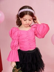 SHEIN Camisa Tejida Elegante Y Ajustada Con Mangas Hinchadas Y Cuello Acanalado De Pollo Y Estampado Floral Para Niñas Pequeñas, Ideal Para Ocasiones Elegantes Y Casuales - Rosa Fucsia - Ver 6