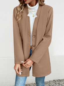 SHEIN LUNE Solid Button Front Overcoat - Khaki - View 3