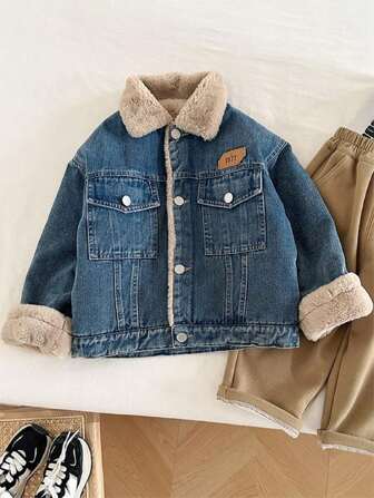Young Boy Casual Thermal Lined Denim Jacket With Flip Pocket, Autumn/Winter