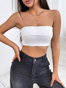 SHEIN PETITE Women's Cropped Tube Top - White - View 4