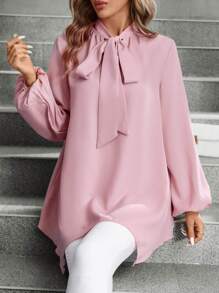 SHEIN Clasi Blusa con mangas farol y bajo asimétrico para mujer - Rosa - Ver 3