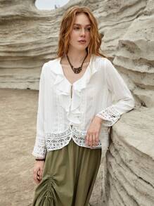 SHEIN VCAY 女式蕾絲拼接荷葉邊襯衫 - 白色 - 查看 8