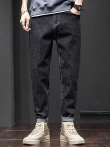 斜口袋設計男式牛仔褲 - 黑色 - 查看 3