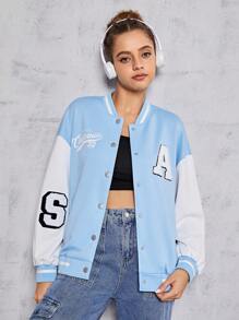 SHEIN Teenage Girls' Casual Letter & Patchwork Colorblock Printed Jacket - Baby Blue - View 6