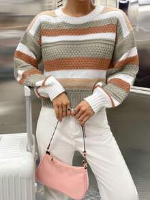 SHEIN Qutie Color Block Striped Drop Shoulder Sweater - Multicolor - View 6