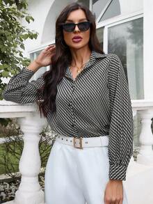 SHEIN BIZwear 女士長袖全印花襯衫 - 黑與白 - 查看 4